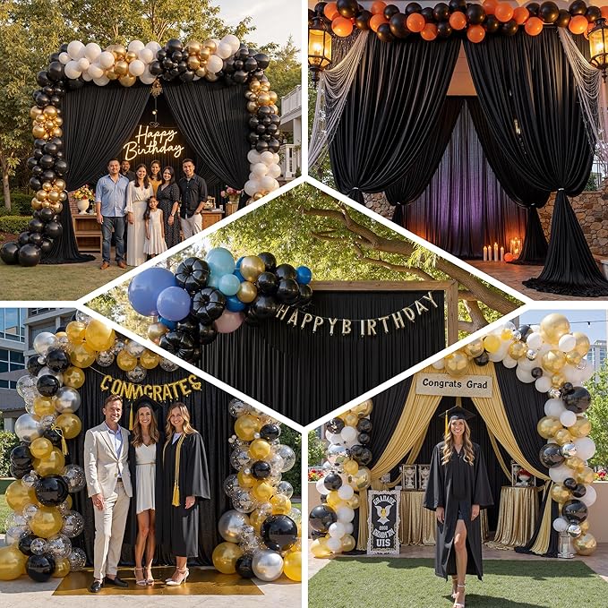 PartyVillage 30ft×15ft Black Backdrop Curtain for Halloween Parties, 6 Panels Wrinkle Free 15 FT Long Polyester Photo Backdrop Drapes Back Drop Cloth for Birthday Photography Background