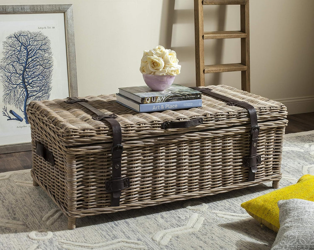 SAFAVIEH Navarro Rattan Coffee Table, 45.7" Rustic Grey SEA7022B