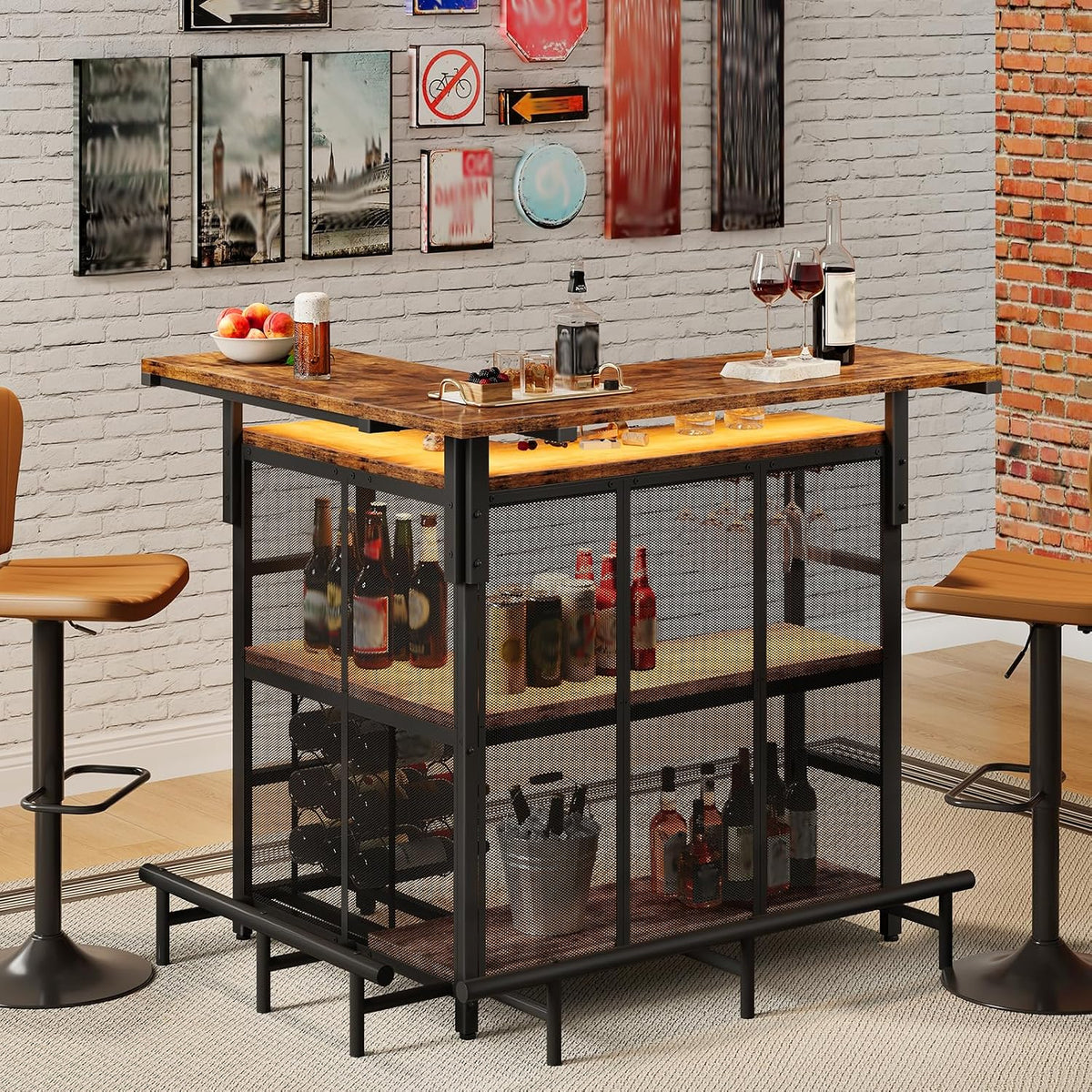 HOOBRO Home Bar Unit, L-Shaped Bar Table with Glasses Holder & 4-Tier Shelves, Corner Mini Liquor Cabinet with Footrest & LED Light APP Control for Home, Pub, Rustic Brown and Black BF129DBT01