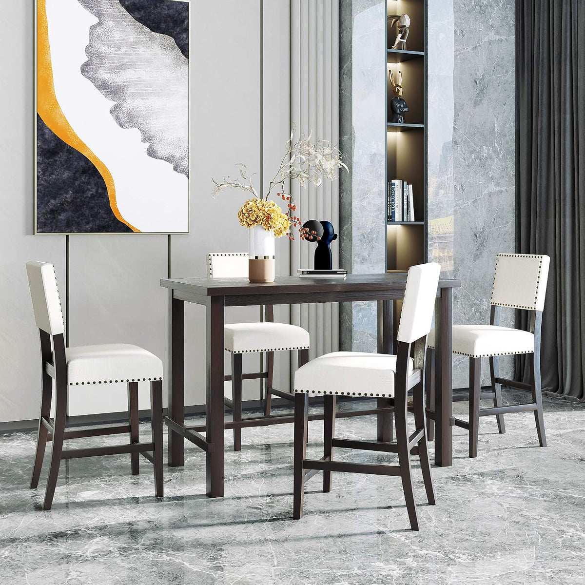Harper & Bright Designs 5-Piece Counter Height Dining Set, Classic Elegant Table and 4 Chairs in Espresso and Beige