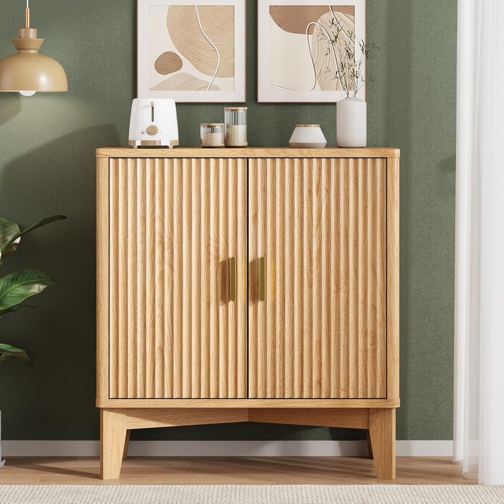 Xixini Fluted Sideboard Buffet Cabinet, 30" Wood Coffee Bar Cabinet, Oak