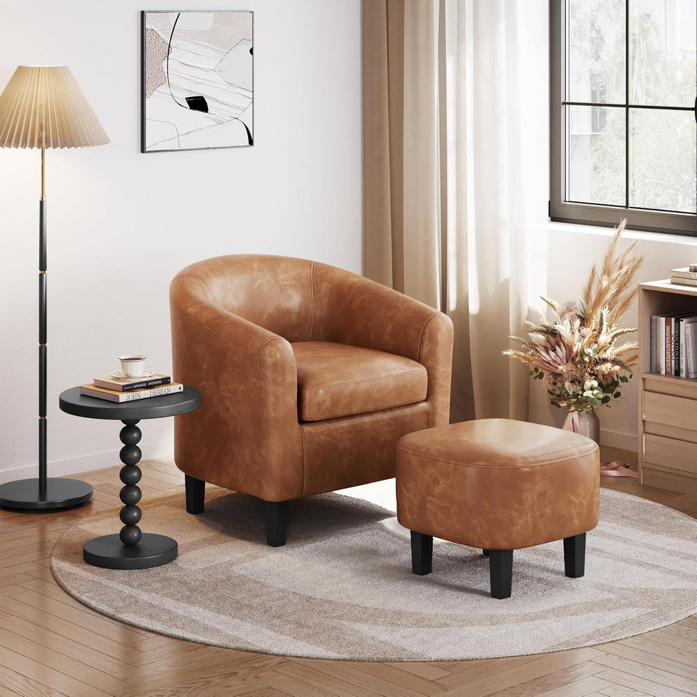 Yaheetech Accent Chairs with Ottoman, Faux Leather Barrel Chairs, Brown