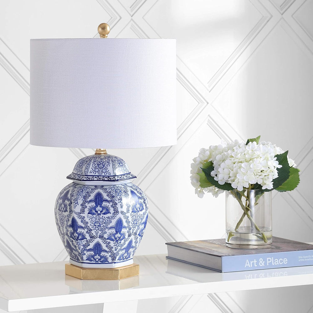 JONATHAN Y Gretchen 25" Ginger Jar Ceramic LED Table Lamp, Blue/White