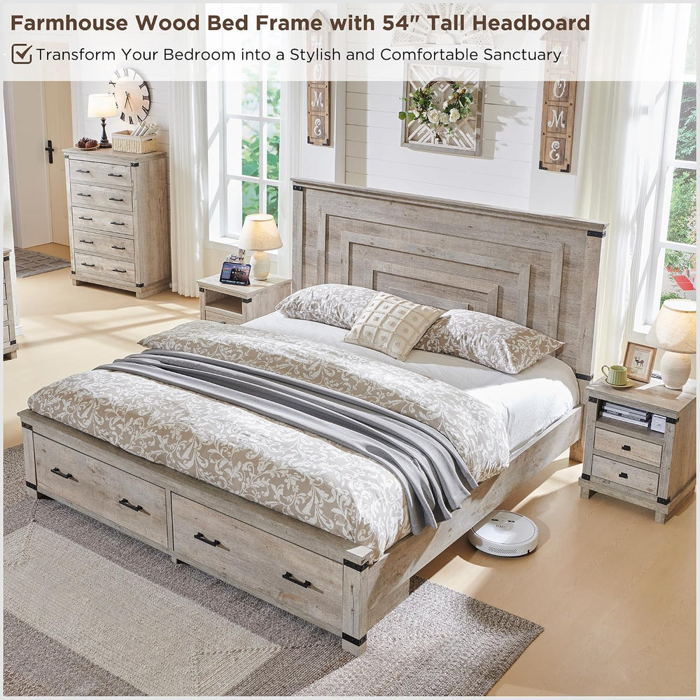 RedLemon 54" Farmhouse King Bed Frame with headboard, Light Rustic Oak