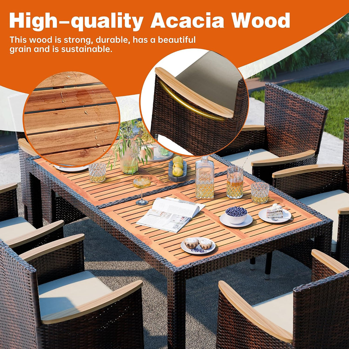 shintenchi 7 pcs wicker patio dining set, brown showing dimensions