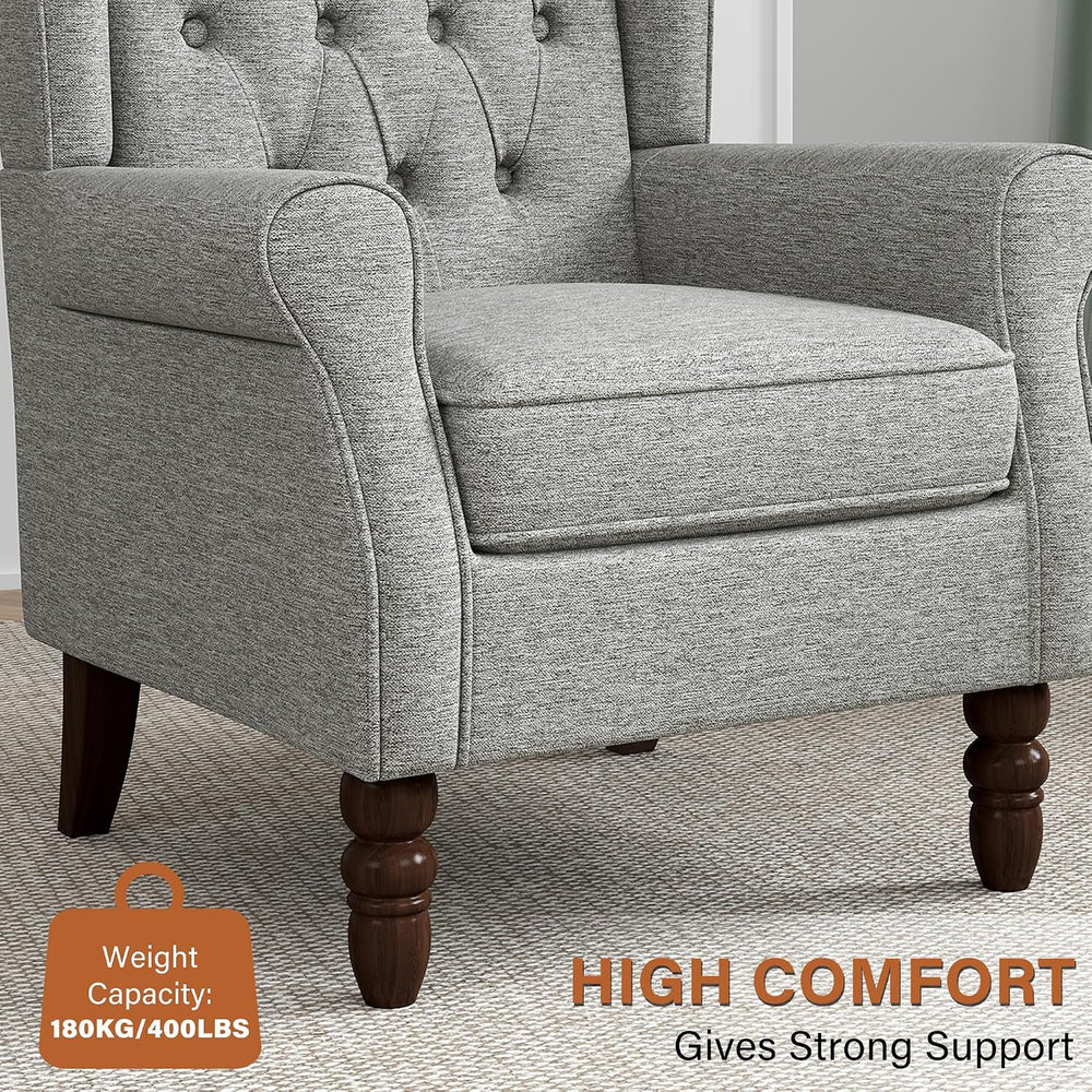 High Wingback Accent Chairs Set of 2, Button-Tufted Armchair, Light Gray