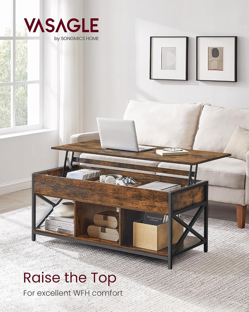 VASAGLE Lift Top Coffee Table with Storage Shelf, 3 Compartments