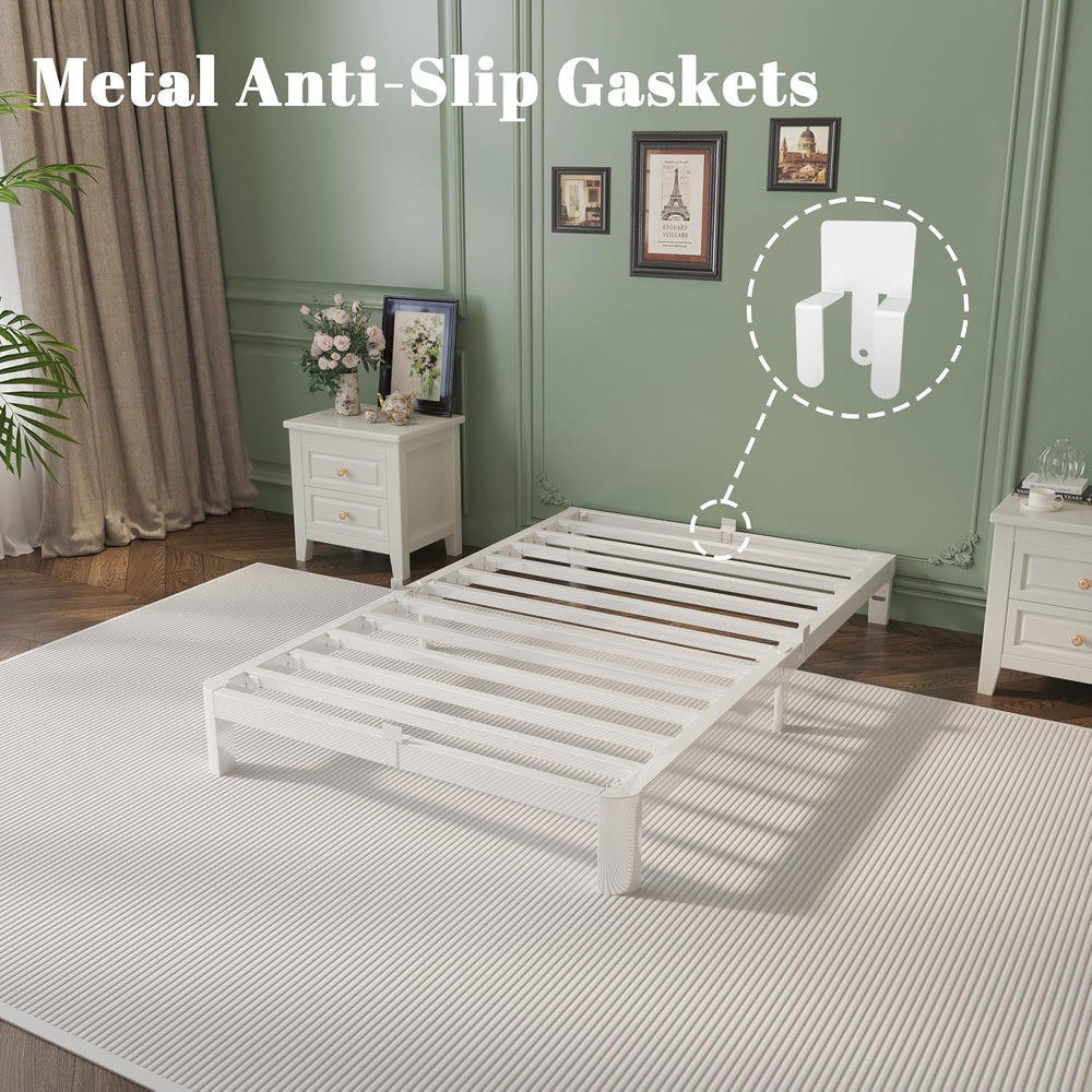 6 Inch Twin Bed Frame with Metal Gasket, White Single Bed Base