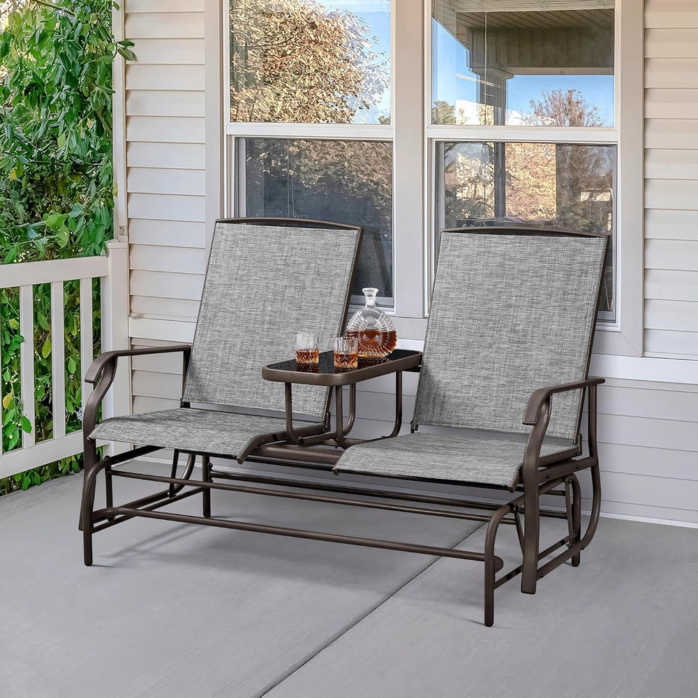 Yaheetech Outdoor Glider Bench Patio Loveseat with Table, Gray