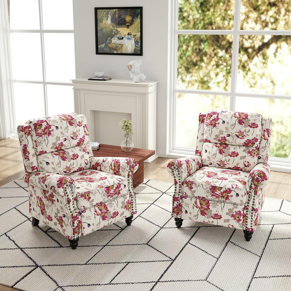 Pushback Recliner Chair, Modern Wingback Recliner, Floal Beige