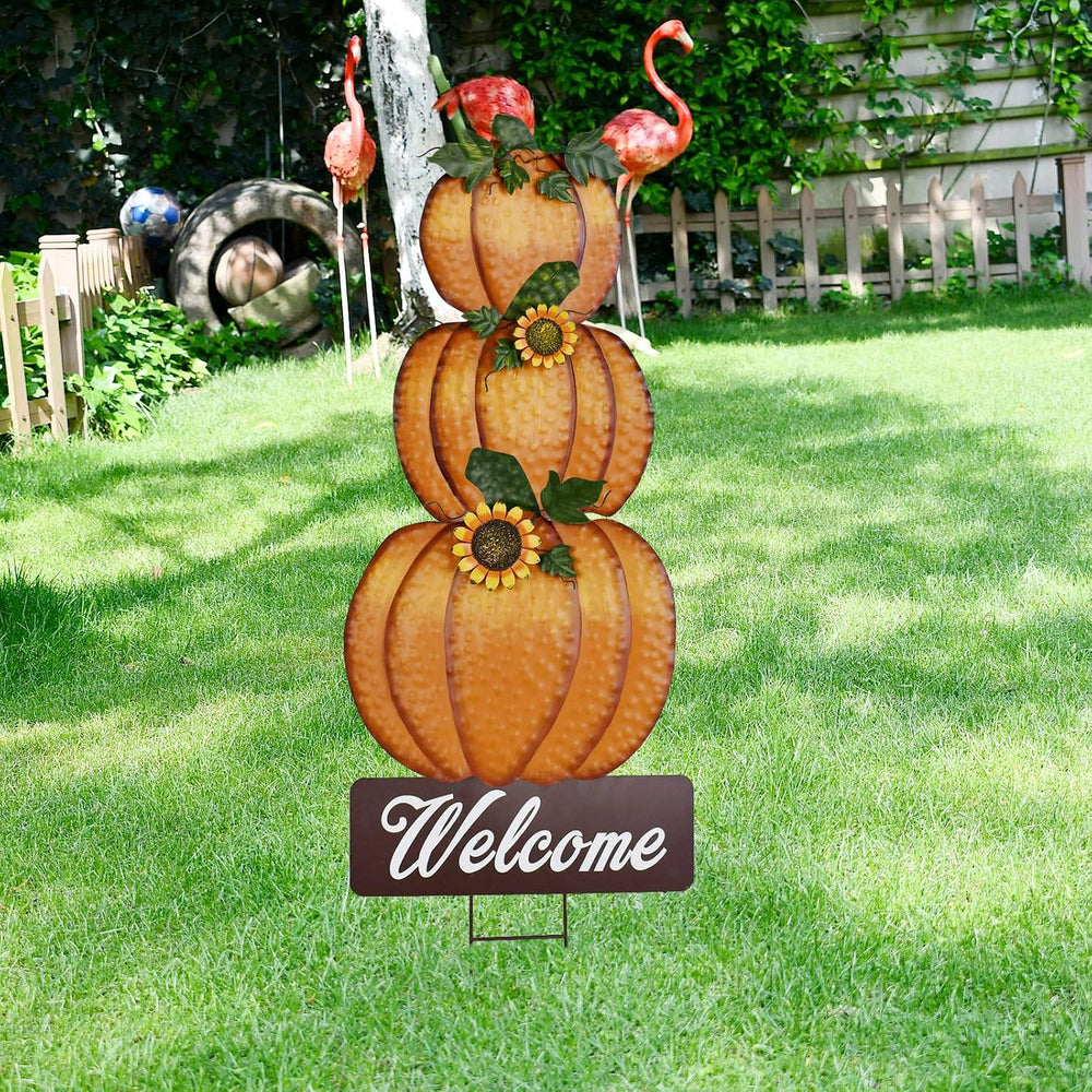 Metal Pumpkin Yard Stake Outdoor Fall Decor Stacked Pumpkin Welcome Sign