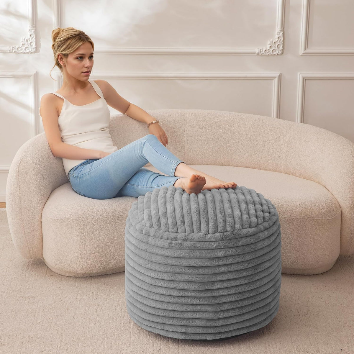 HIGOGOGO Round Stuffed Pouf Ottoman, Stripe Faux Fur Poufs with Foam Chunk Filling, Furry and Fluffy Pouf Foot Stool Storage Ottoman, 20 X 15 Floor Poufs Foot Rest for Living Room, Grey