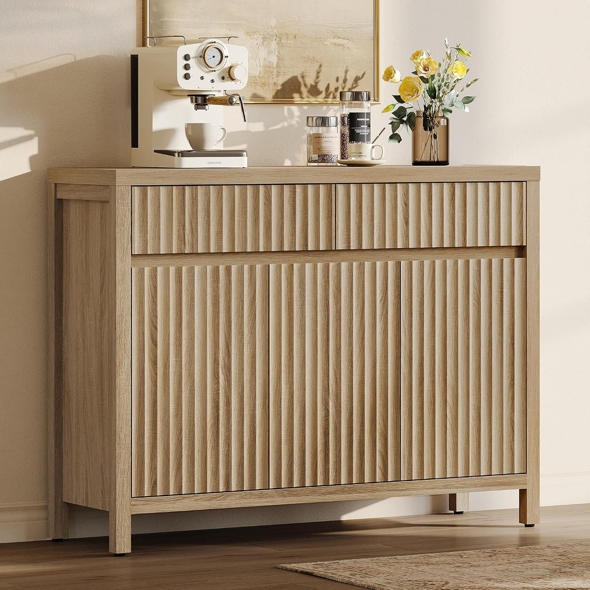 SICOTAS 42" Fluted Sideboard Buffet Cabinet with 2 Drawers & 3 Doors, 1 PCS