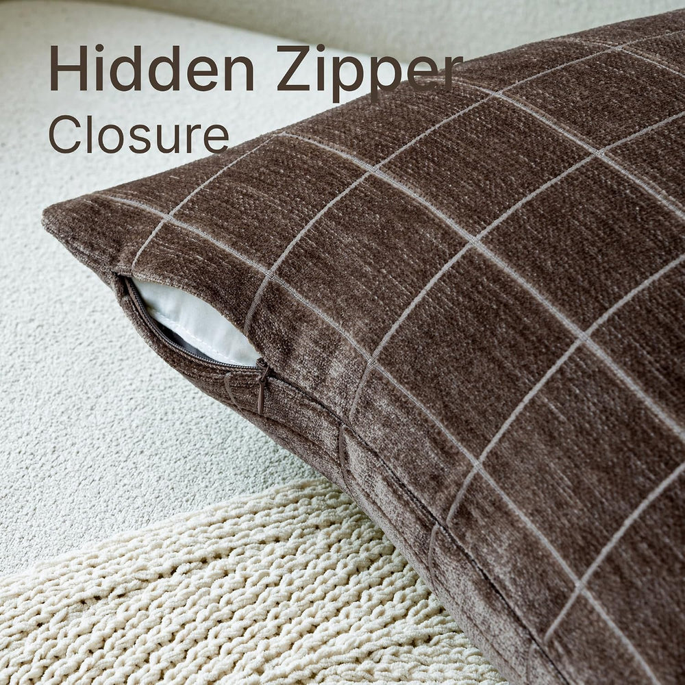 Decorative Chenille Plaid Fall Throw Pillow Covers Brown 24x24 Set of 2