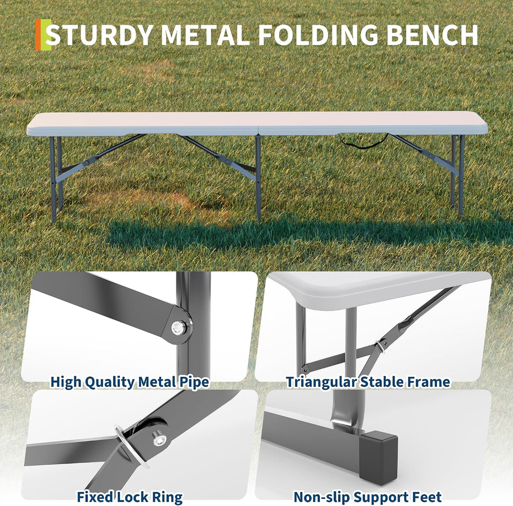 Portable Folding Bench 6 Foot, Plastic Foldable Bench, 2 Pack, White