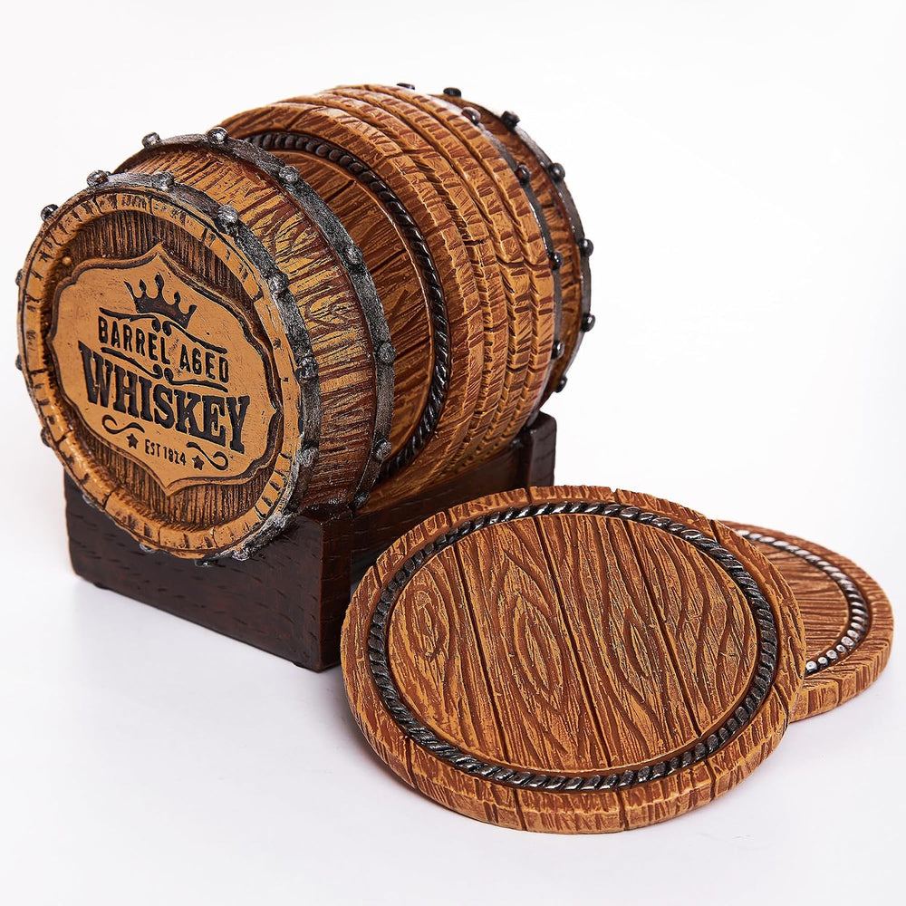 Whiskey Barrel Coasters Set of 6 - Bar Coasters & Whiskey Gifts for Men