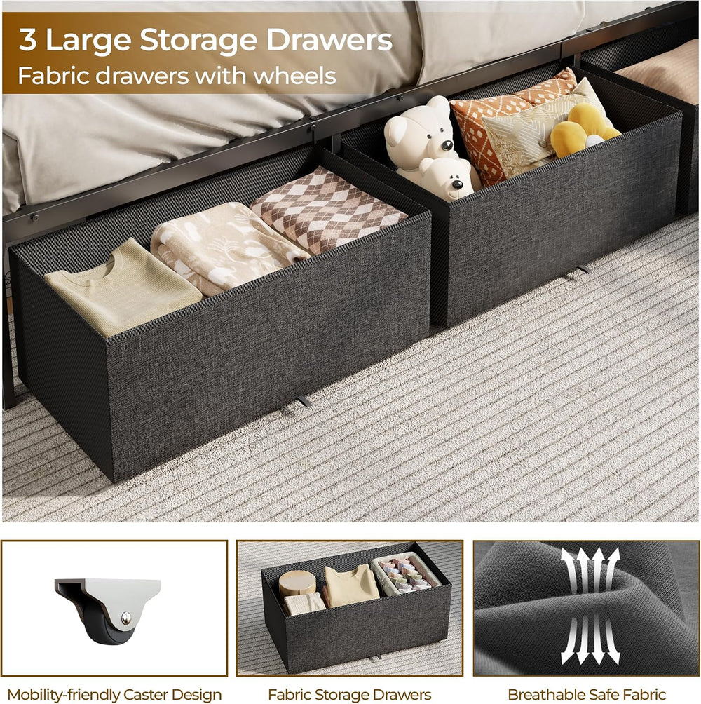 OURPIC Full Corner Bed Frame with 3 Storage Drawers, LED Lights & Charging