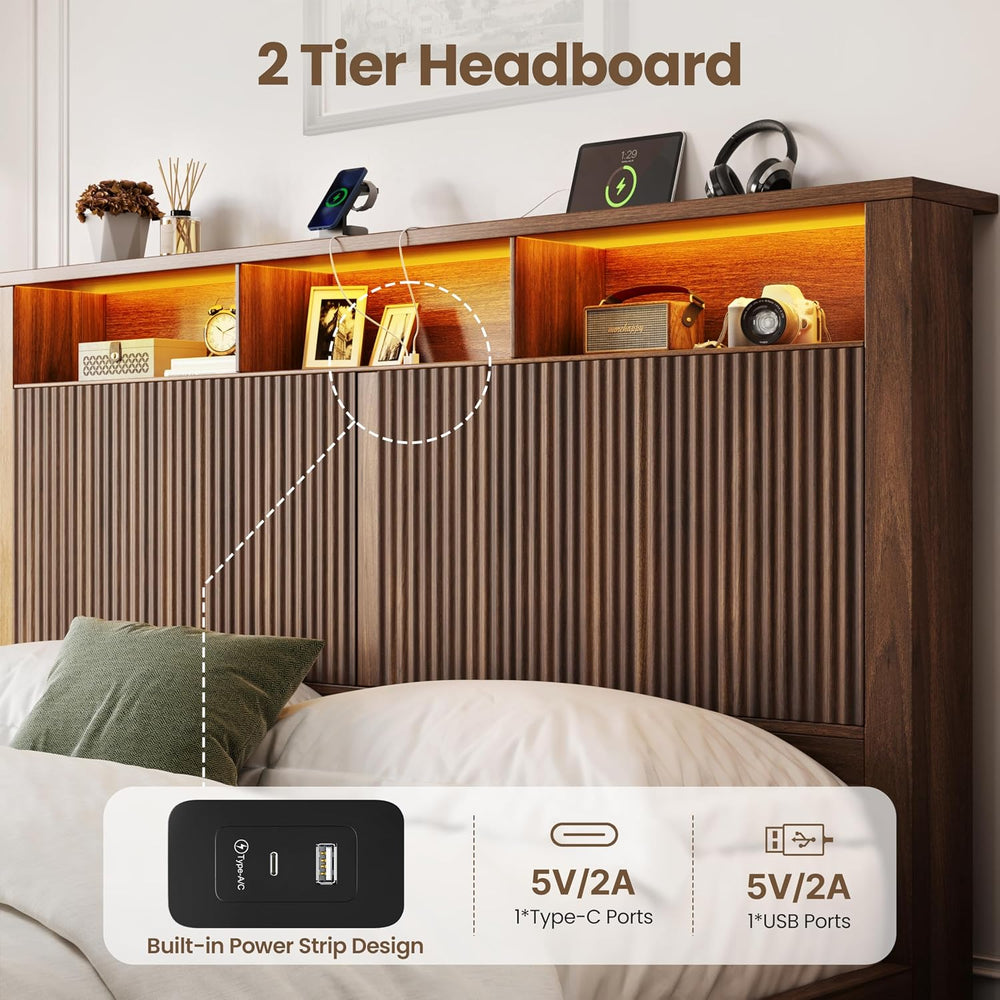 CypBed King Size Bed Frame and Headboard & 2 Storage Drawers, Walnut