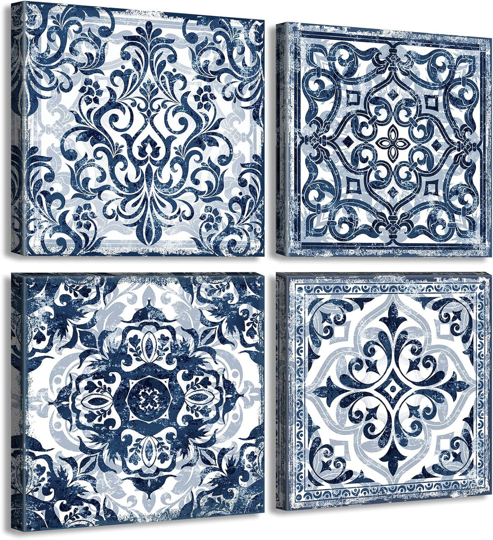 Bathroom Wall Decor Navy Blue Flower Paintings Canvas, 12"Wx12"Hx4 pcs