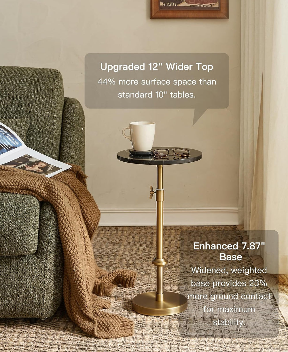 Adjustable 12" Black Marble Drink Table with 2 Coasters, Antique Brass⁠