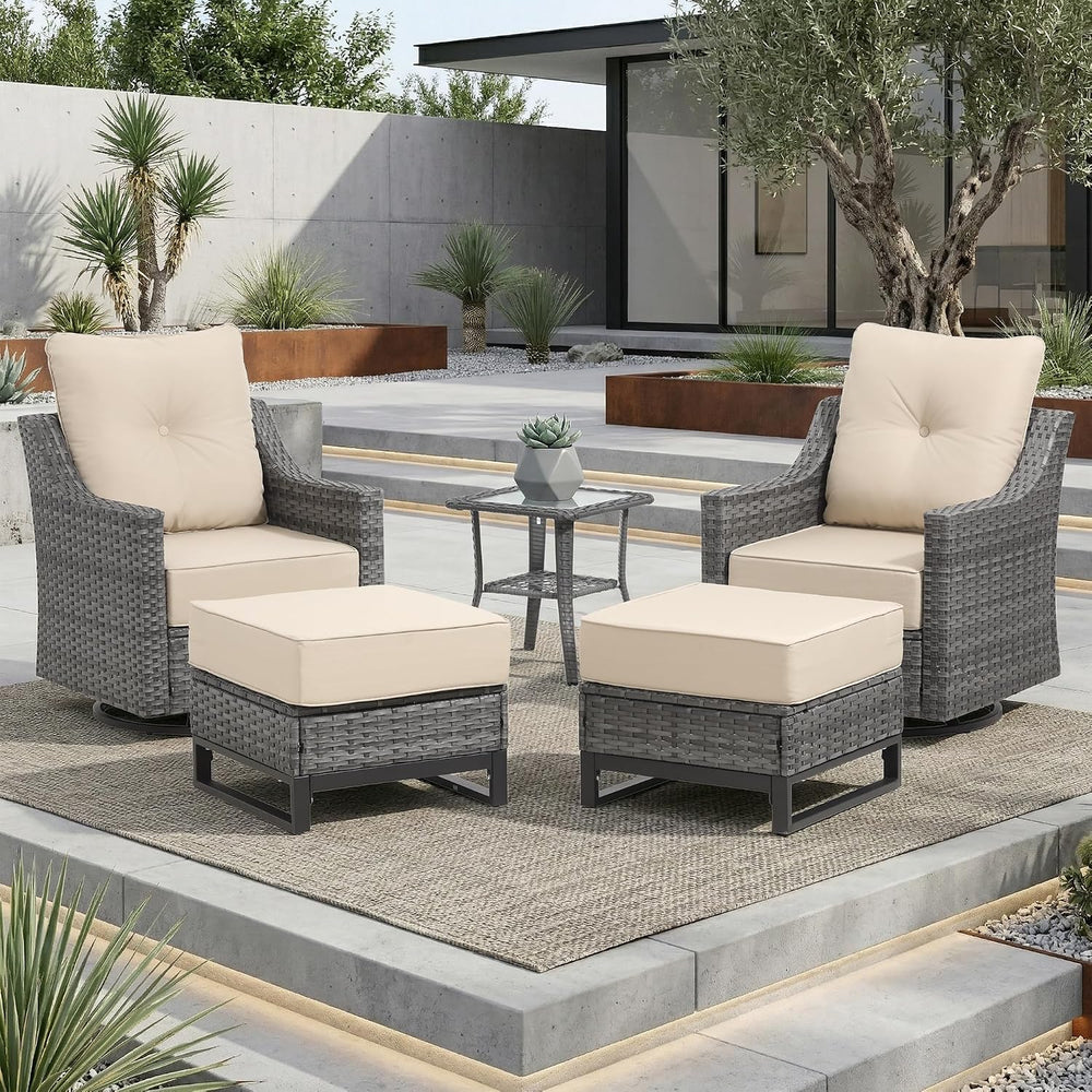 5 Piece Patio Furniture Set, Grey Wicker Outdoor Conversation Set with 2 Swiv...
