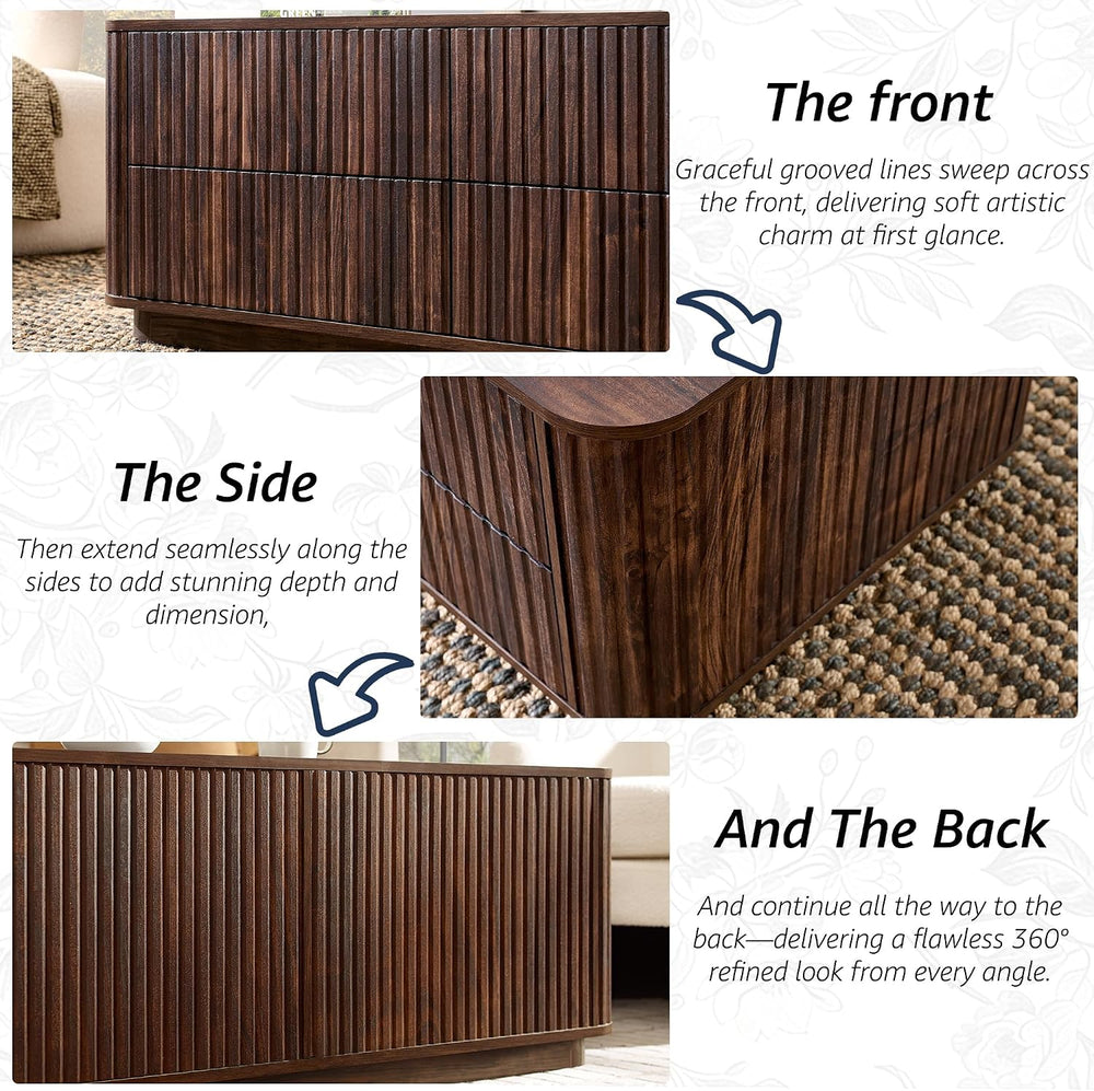 51" Fluted Coffee Table with 4 Drawers, Dark Walnut