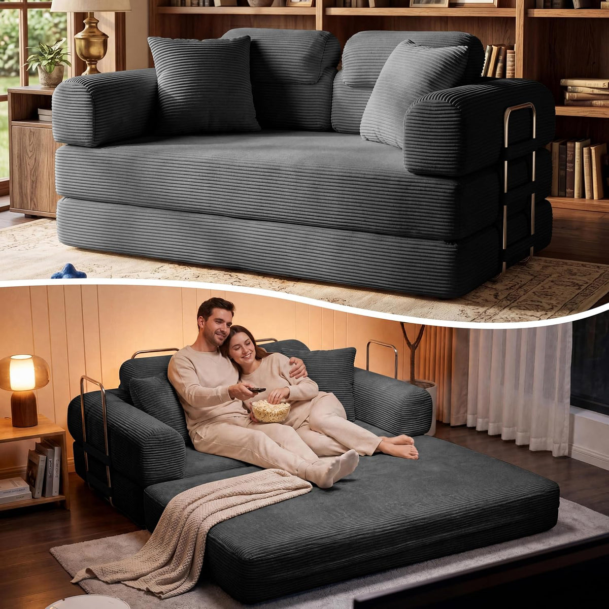 Convertible Sofa Bed with High Backrest Headrest Loveseat Sleeper Folding Couch Bed with 4 Pillows Futon Couch for Bedroom,Apartment Living Room, No Assembly (Pink, 59.0” Hight Backrest Sofa)