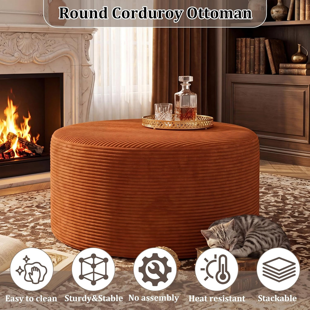 BSHOMGI Round Ottoman,Corduroy Ottomans Foot Stool, 27.5" Pouf Footstool Ottomans Seat, Round Footrest, Modern Side Table for Living Room Bedroom Home Decor No Assembly Require (Orange, 32")