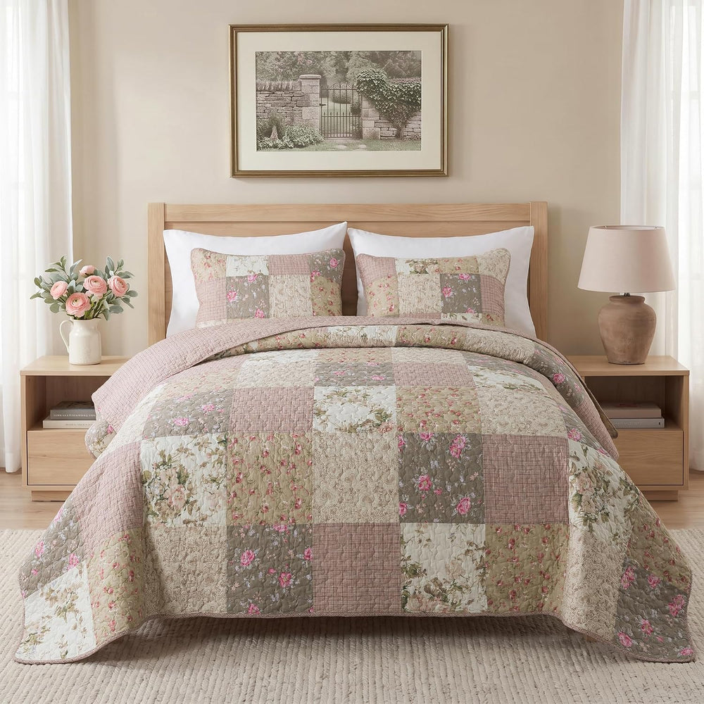SLPR - Secret Garden Pink Patchwork Cotton Quilt Set, King with 2 Shams