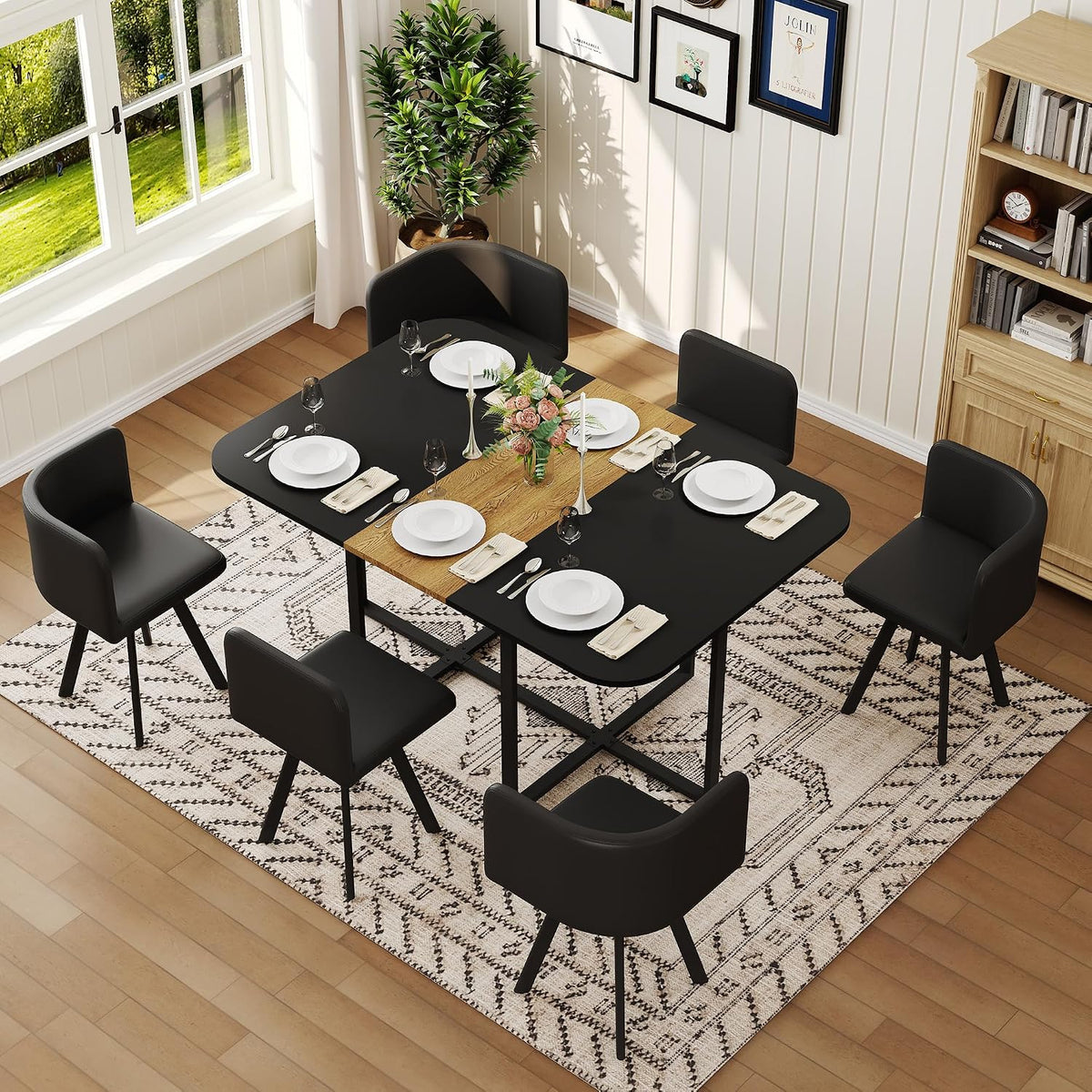 7-Piece Dining Table Set for 6,Modern Dining Table Set for 6 with Cushioned Chairs,59" Black Kitchen Table Set for Home, Apartment,Office,Conference Room,Small Spaces, Space-Saving