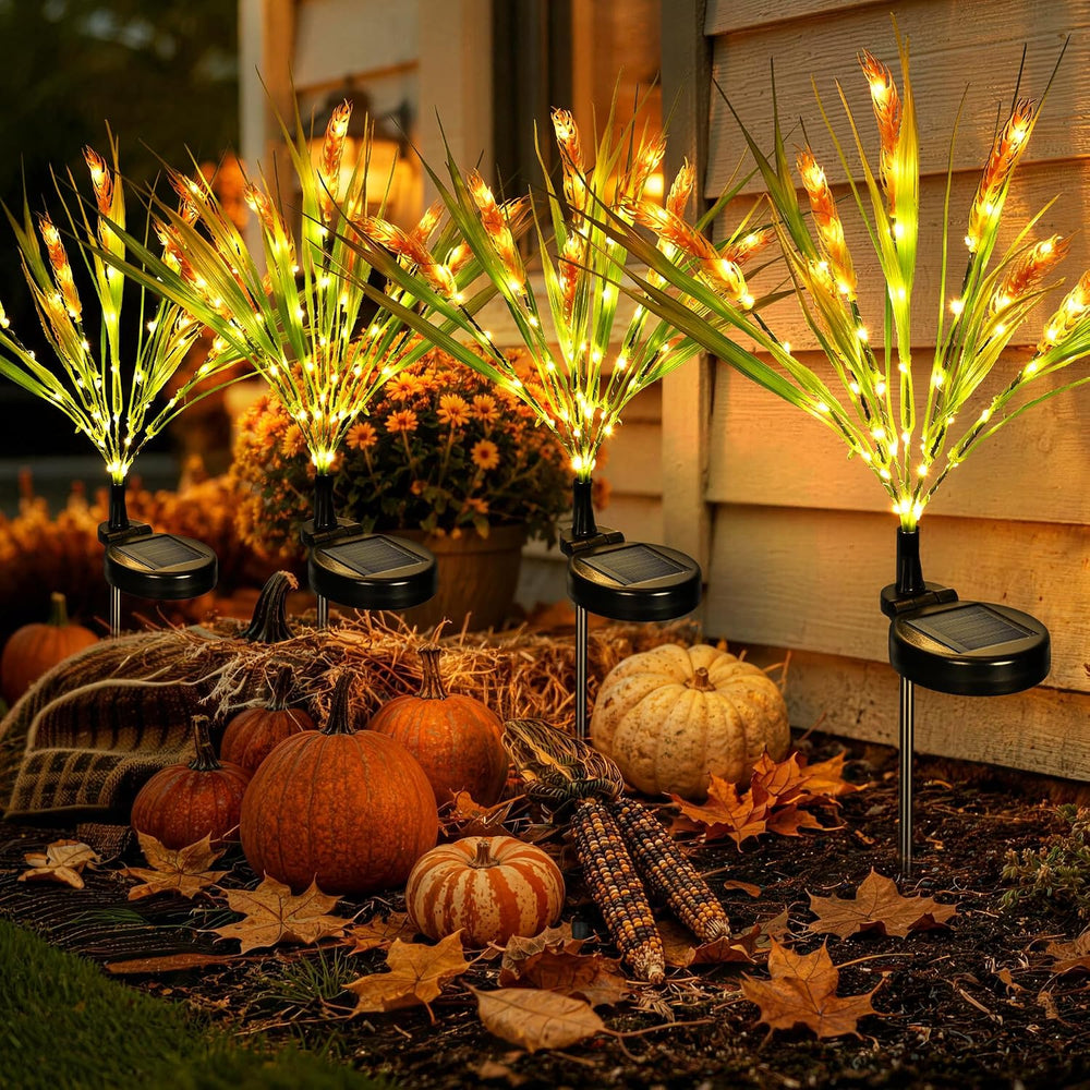 GIGALUMI Solar Wheat Outdoor Fall Thanksgiving Decor, 4 Pack, Yellow