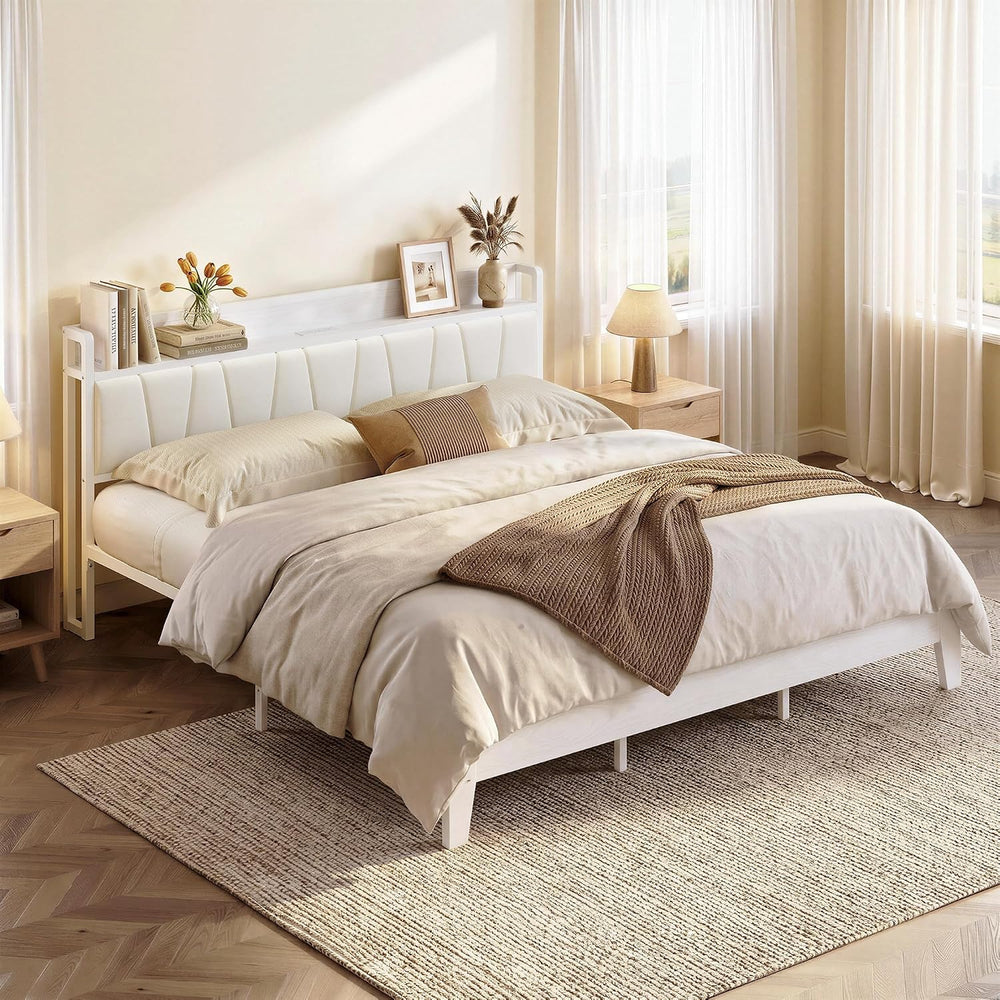 LIKIMIO King Bed Frame with Storage Headboard and Charging Station