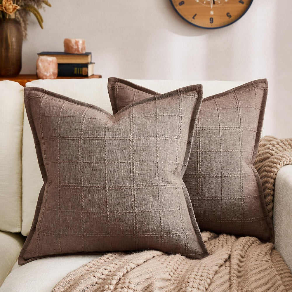 ZeeMart 2pk Check Linen Flanged Pillow Covers 24x24, Cocoa Brown