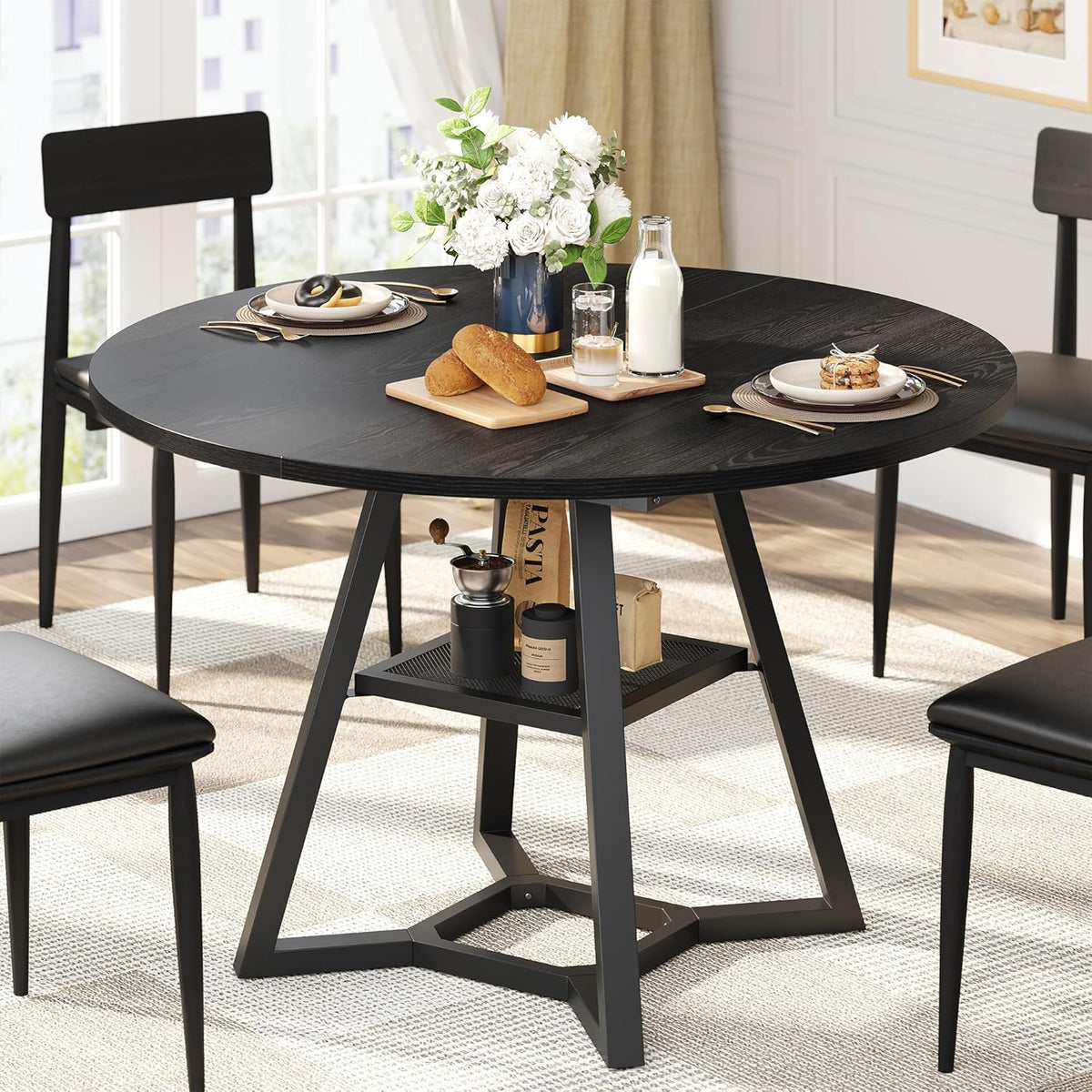 knoworld Round Dining Table for 4, Kitchen Tables Dining Room Circle Dinner Table with Pedestal Metal Frame, Space Saving Wood Industrial Kitchen & Dining Room Tables (Black, 43In)
