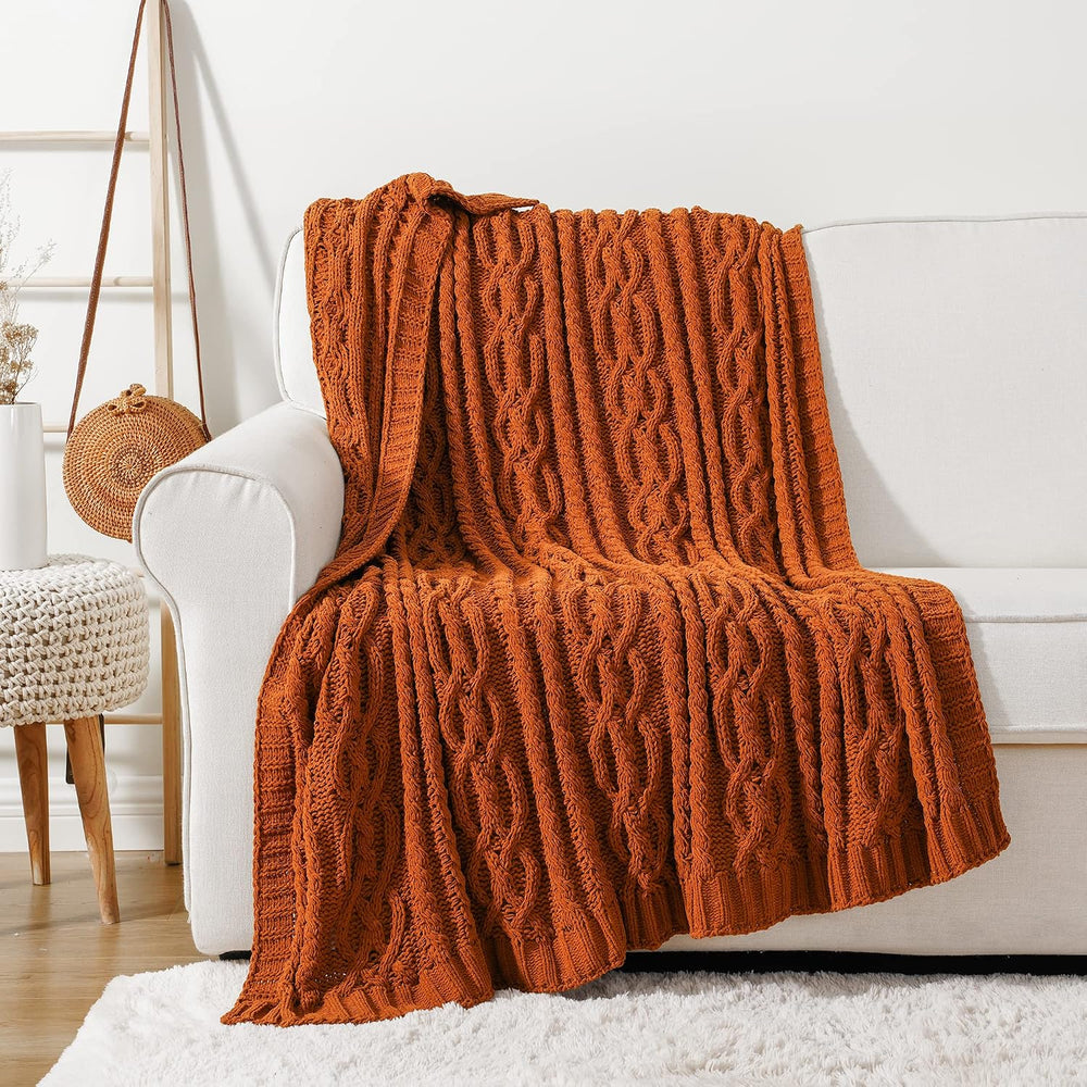 Battilo Rust Orange Throw Blanket for Couch, 51" x 67", Cable Knit ...