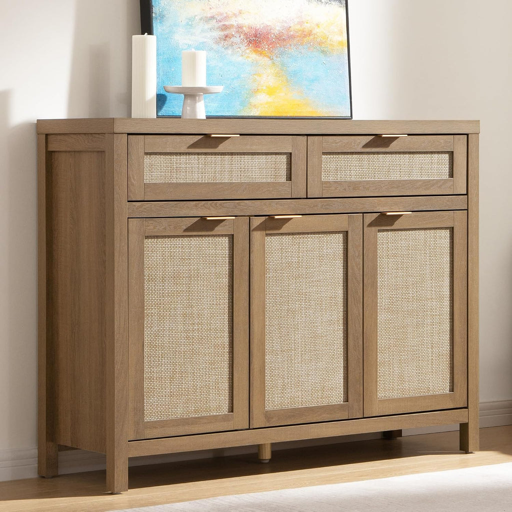 SICOTAS Rattan Sideboard Buffet Cabinet with Storage, Boho Credenza Accent