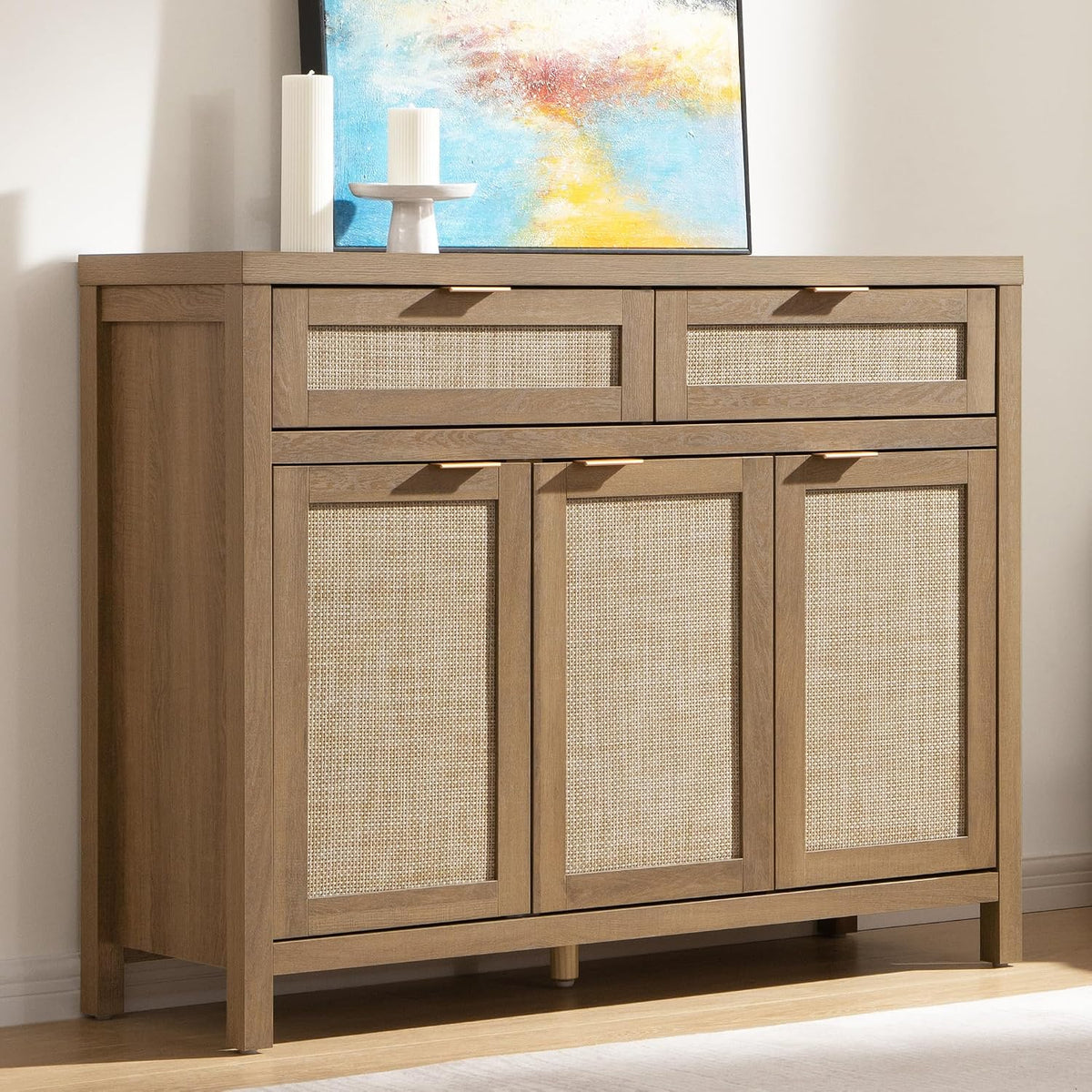 SICOTAS Rattan Sideboard Buffet Cabinet with Storage, Boho Credenza Accent