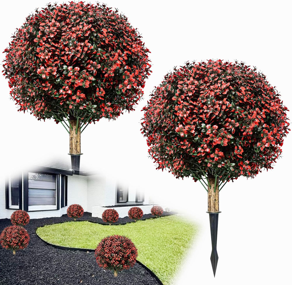 2 Pack 24" Artificial Fall Boxwood Topiary Balls with Ground Spikes, UV ...