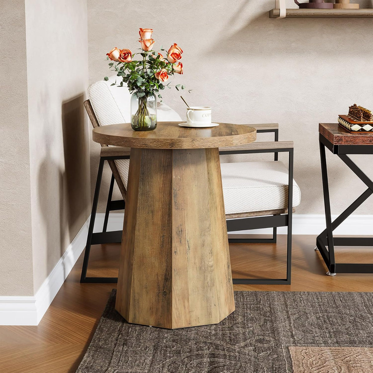 Tribesigns Round Pedestal End Table, Farmhouse Couch Side Table with Octagonal Base, Wooden Drink Stand Accent Nightstand (1, Rustic Brown)