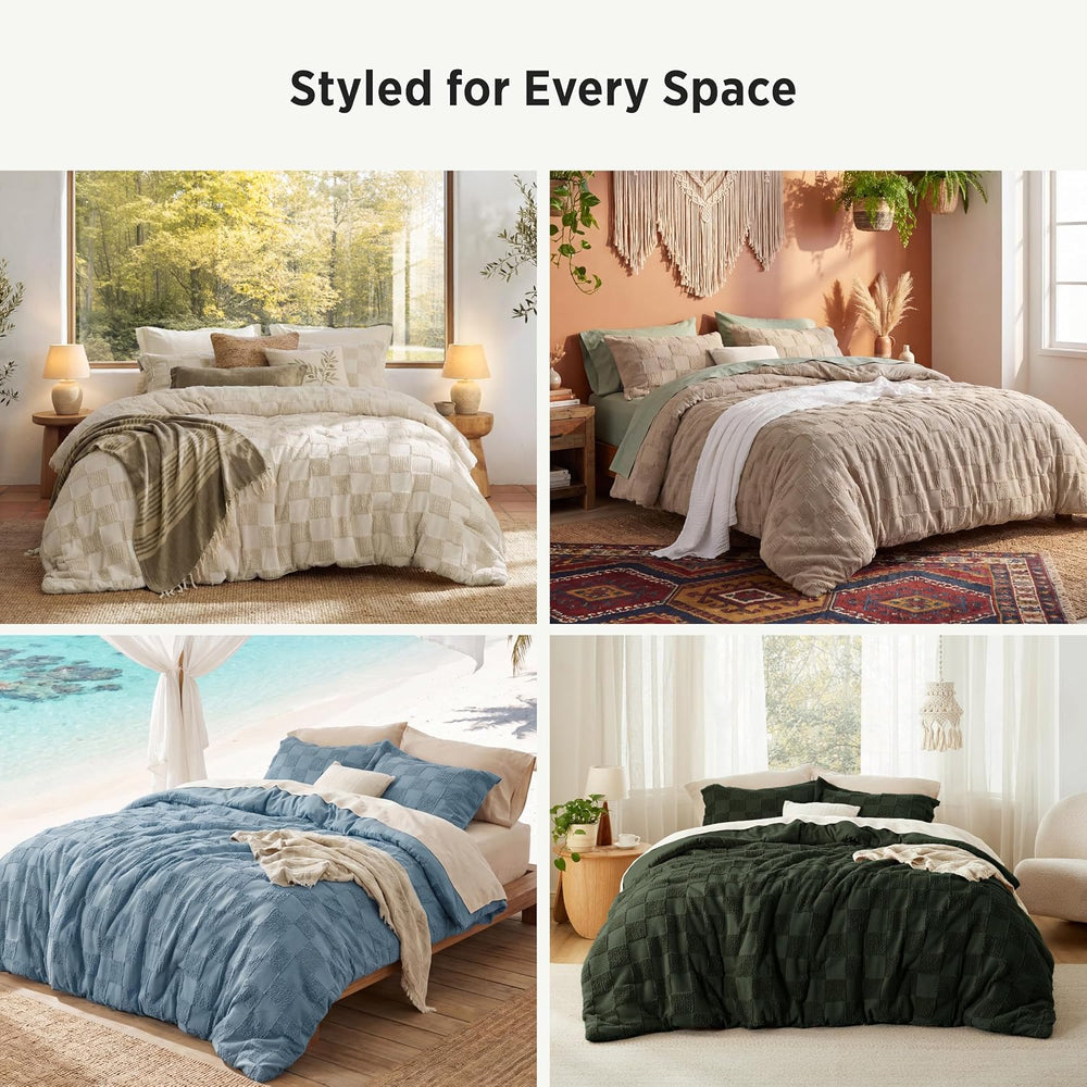 Bedsure Comforters Queen Set Boho, Vintage Plaid Bedding Set Beige 3 Pcs