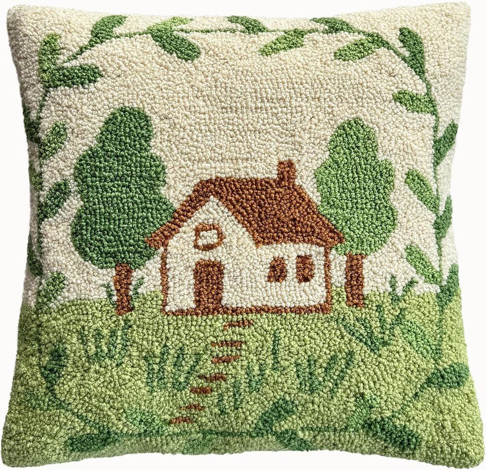 Cottage Tree Scene Hand-Hooked Throw Pillow Cover 16x16