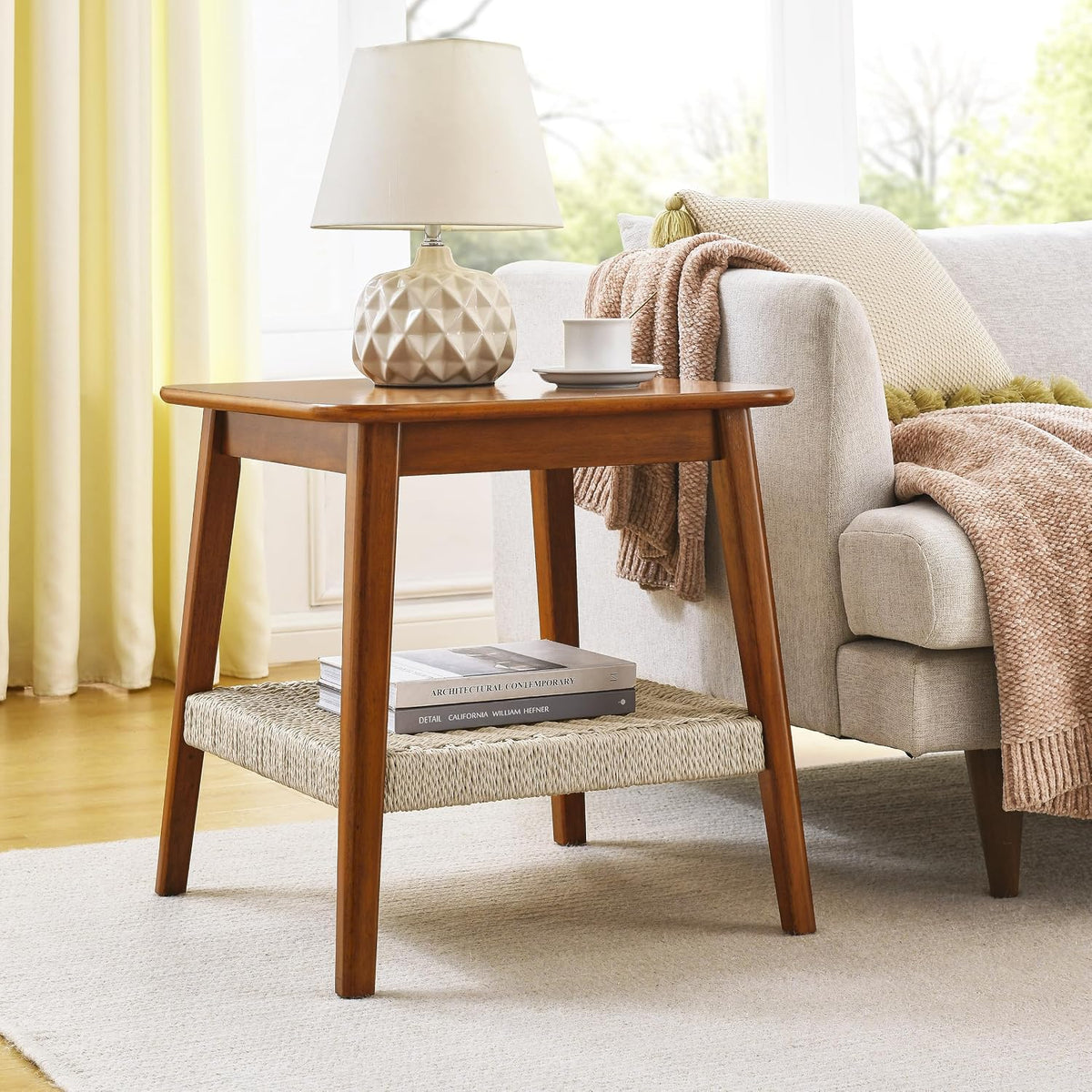 23" Handwoven Storage Corner End Table, Retro End Table with Stable Load-Bearing Design, Decorative Accent Table for Living Room Office, Walnut