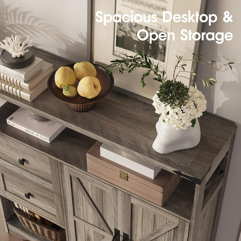 Fameill Farmhouse Storage Cabinet with Drawers and Open Storage, Grey
