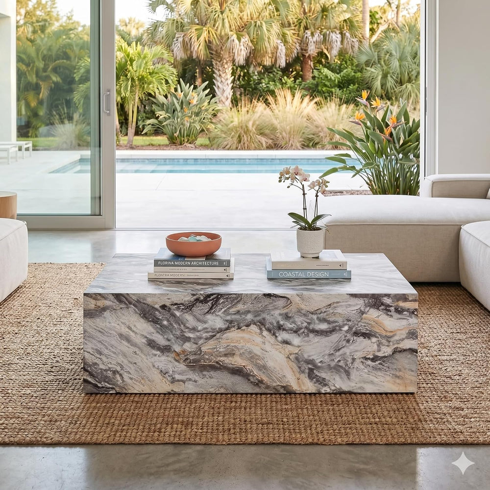 39.3" Faux Marble Coffee Table, Gray Modern Coffee Table, Rectangle