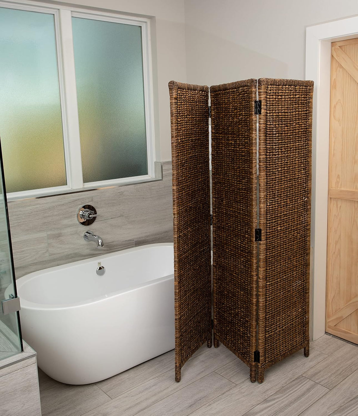 BIRDROCK HOME 3 Panel Seagrass Room Divider, Brown Wash, 57.5” x 70.1”