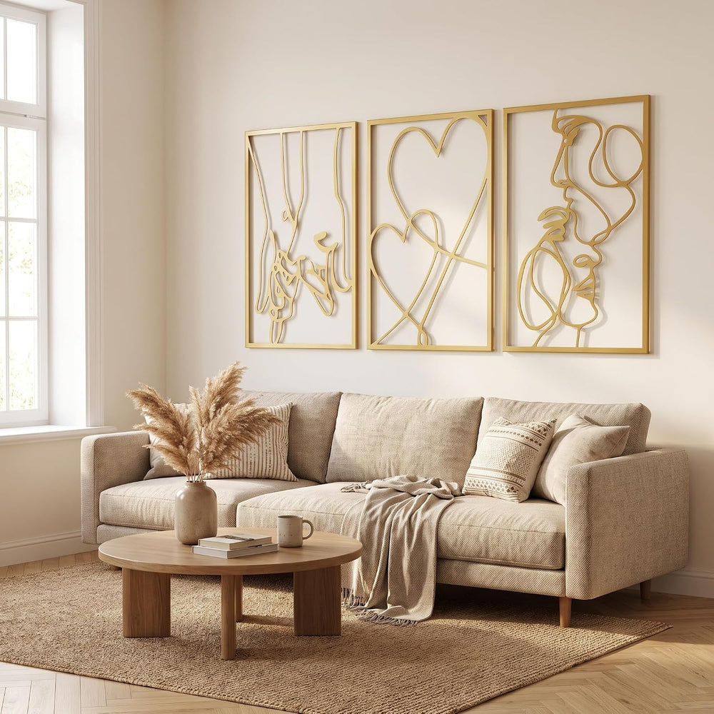 AMAATE 3Pcs Gold Romantic Couple Heart Hollow Metal Wall Sculpture Art