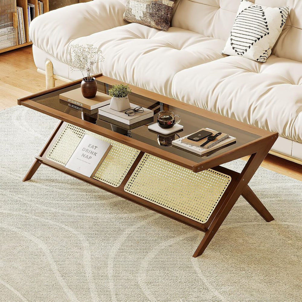 Bamworld Rattan Coffee Table with Glass Top Mid-Century Modern Center Table