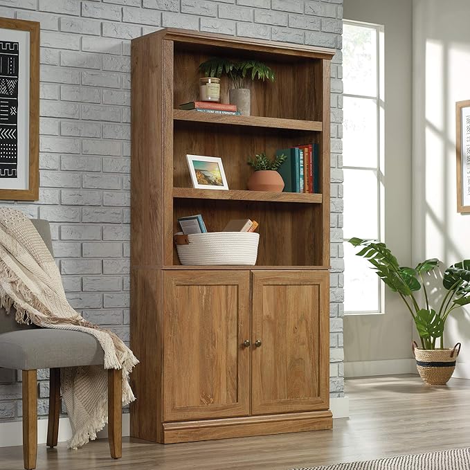 Sauder Miscellaneous Storage Transitional 3-Shelf 2-Door Bookcase/ Book shelf, Sindoori Mango finish