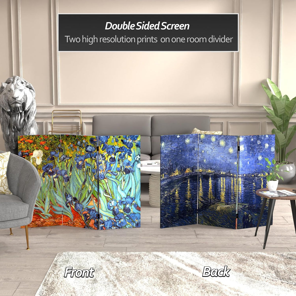 Red Lantern 3 ft. Short Double Sided Works of Van Gogh Canvas Folding Screen Irises/Starry Night Over Rhone 3 Panel Freestanding Partition and Separator for Modern and Contemporary Bedroom Home Office