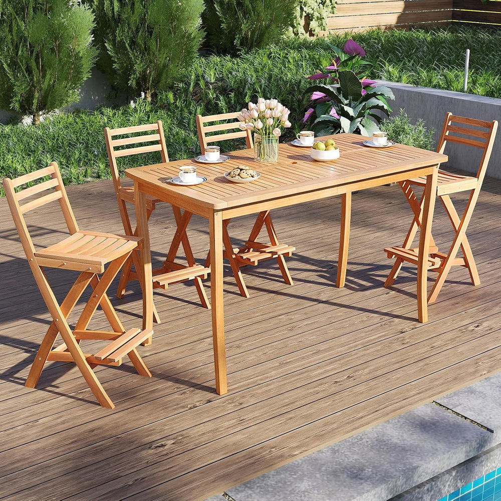 Tangkula Patio Folding Barstool Set of 4, Outdoor Portable High Top Acacia Wo...